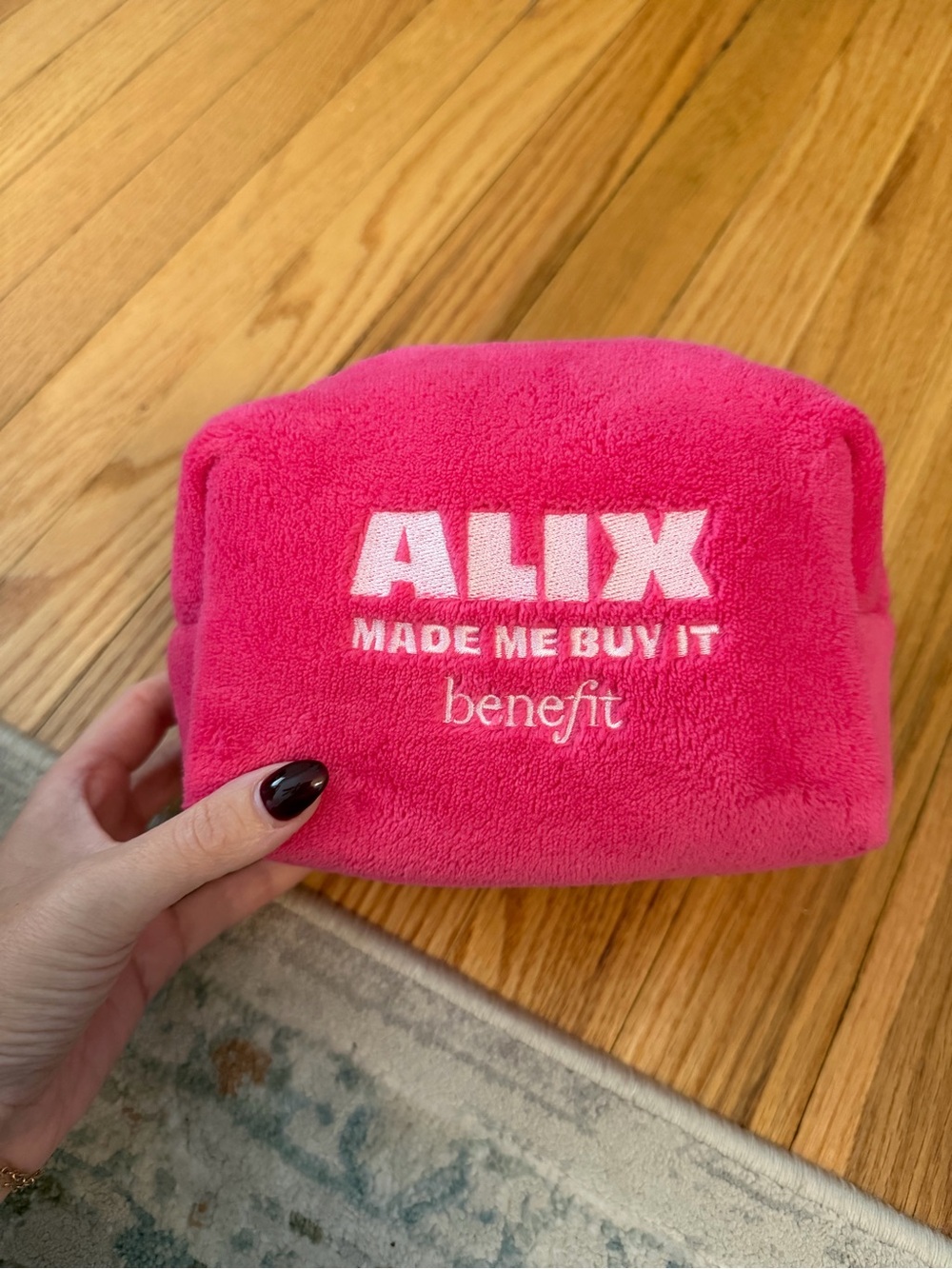 Benefit Hot Pink Plush Cosmetic Pouch with Embroidered Text